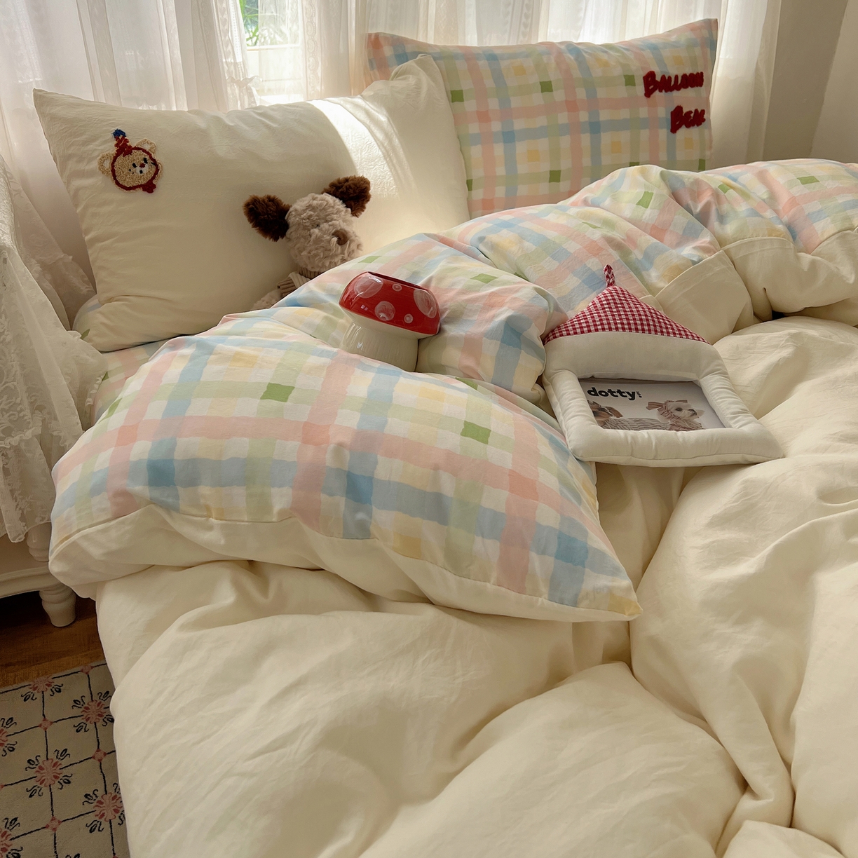 91家纺网 家纺一手货源 找家纺 顾里家纺 2025新款ins可爱毛巾绣云朵棉套件四件套 气球小熊