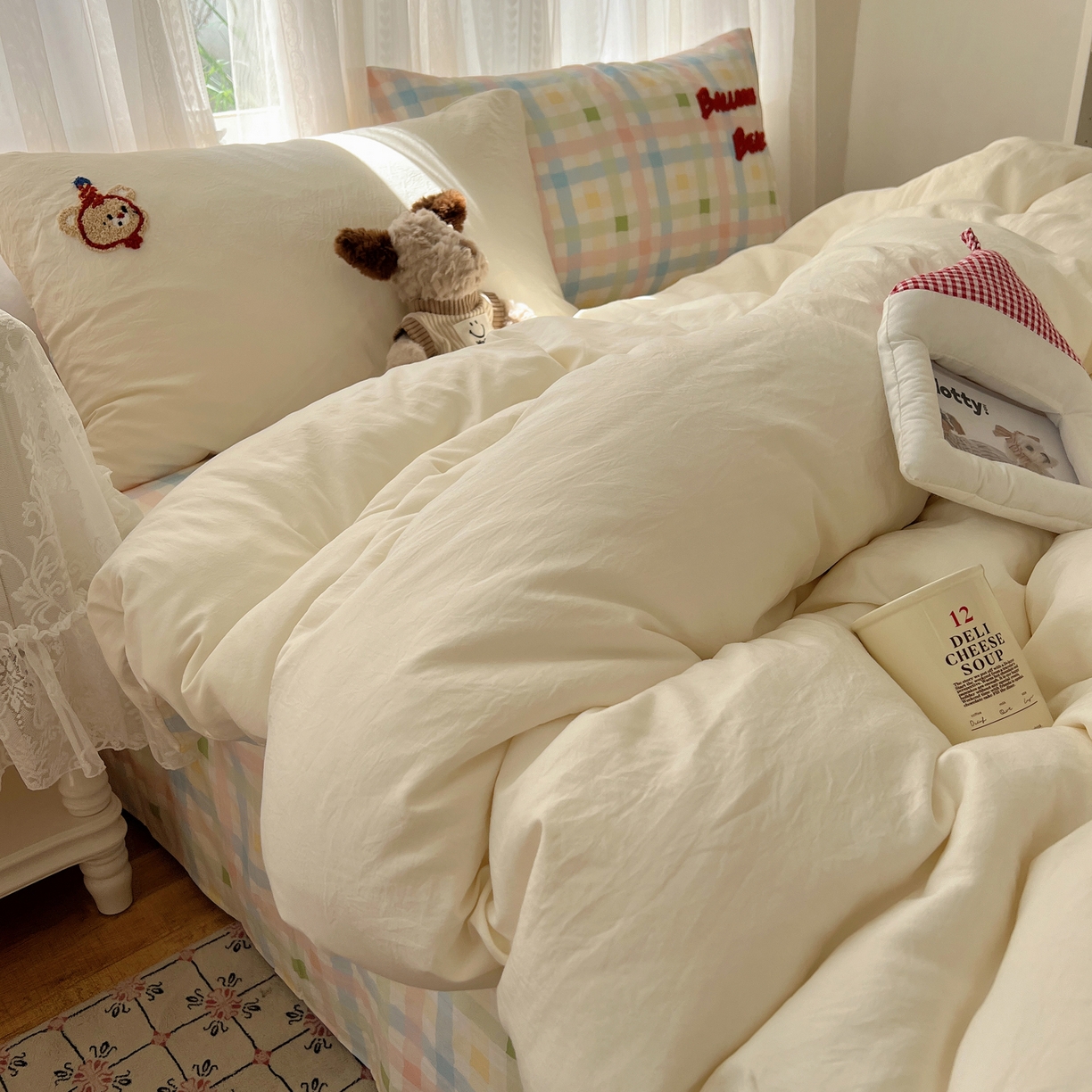 91家纺网 家纺一手货源 找家纺 顾里家纺 2025新款ins可爱毛巾绣云朵棉套件四件套 气球小熊