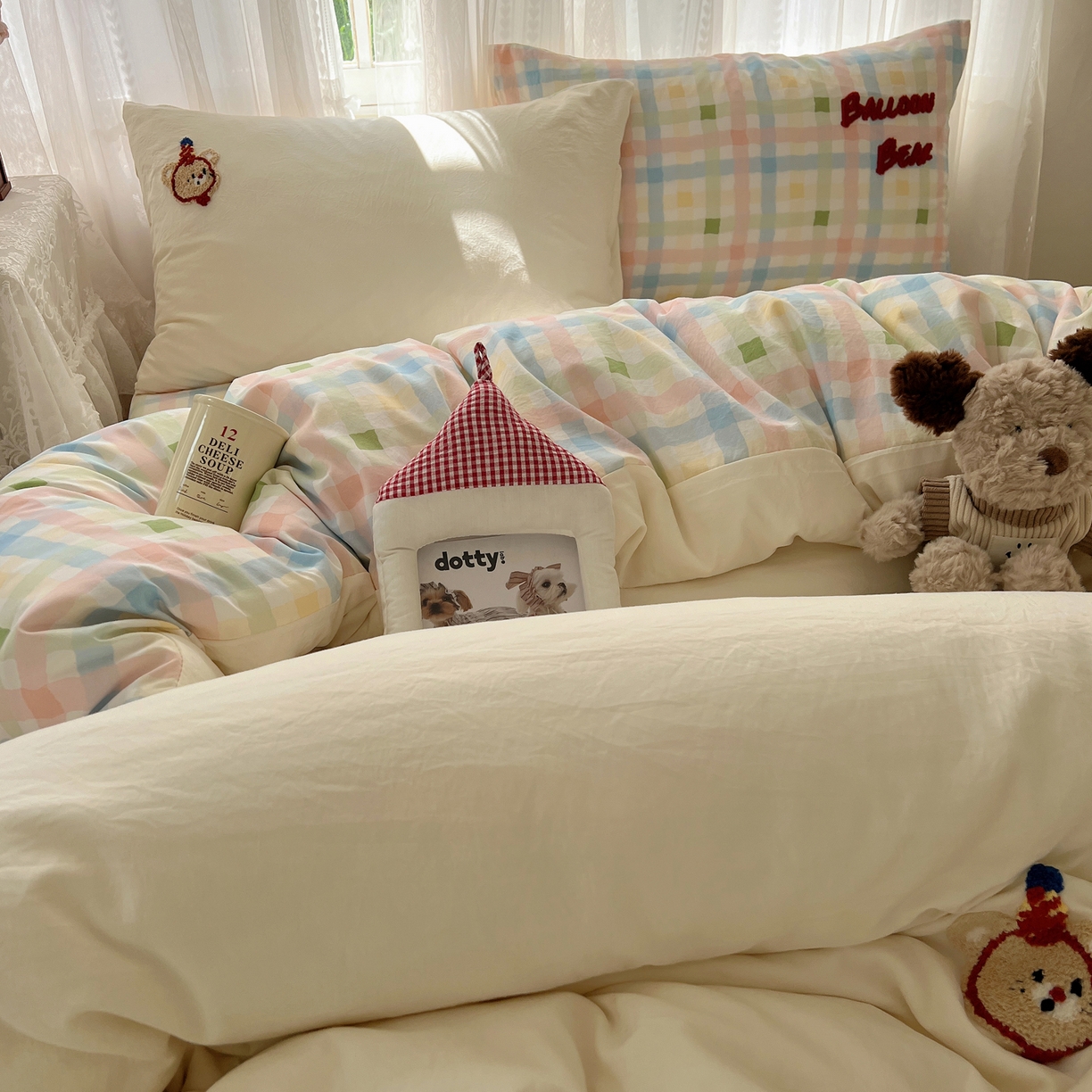 91家纺网 家纺一手货源 找家纺 顾里家纺 2025新款ins可爱毛巾绣云朵棉套件四件套 气球小熊