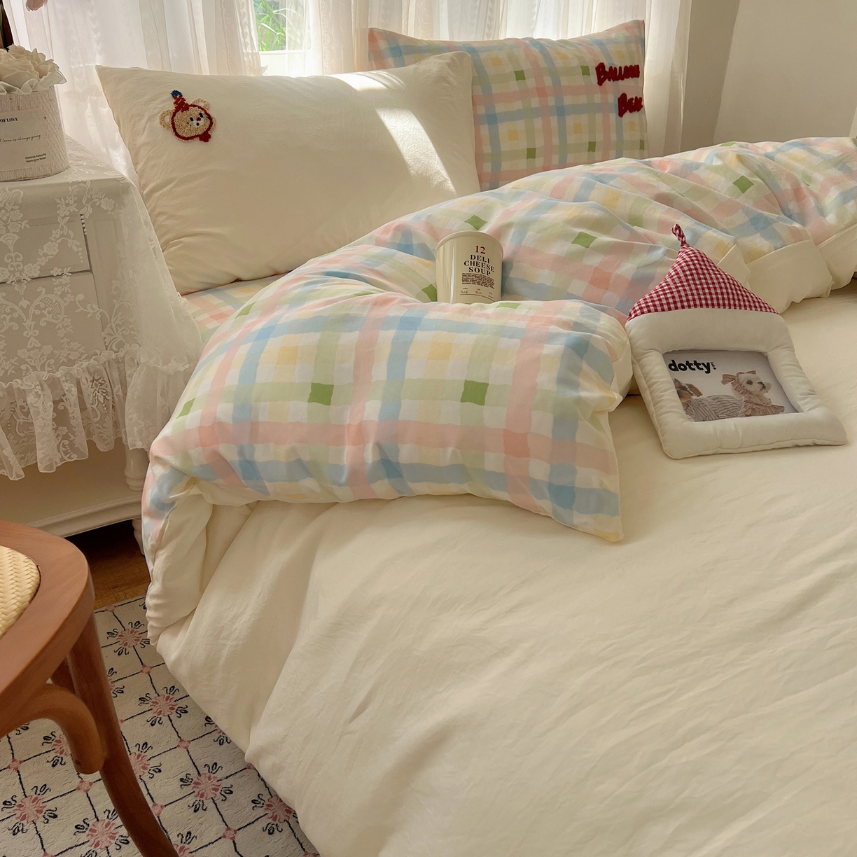 91家纺网 家纺一手货源 找家纺 顾里家纺 2025新款ins可爱毛巾绣云朵棉套件四件套 气球小熊