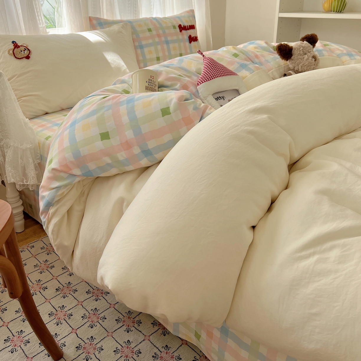 91家纺网 家纺一手货源 找家纺 顾里家纺 2025新款ins可爱毛巾绣云朵棉套件四件套 气球小熊