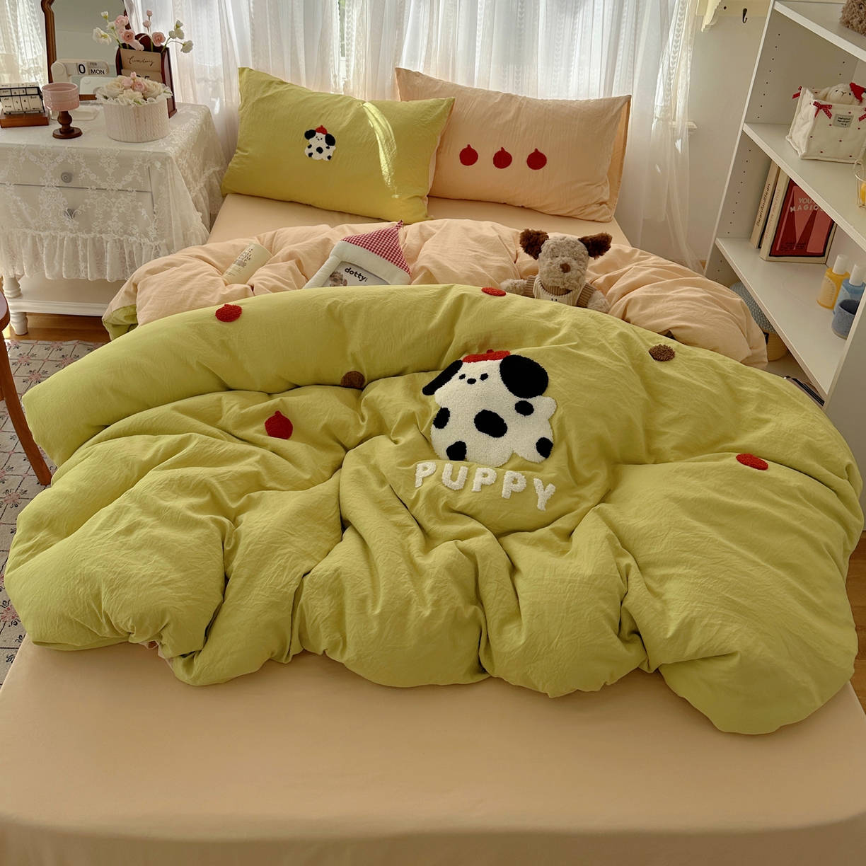 91家纺网 家纺一手货源 找家纺 顾里家纺 2025新款ins可爱毛巾绣云朵棉套件四件套 塔塔狗