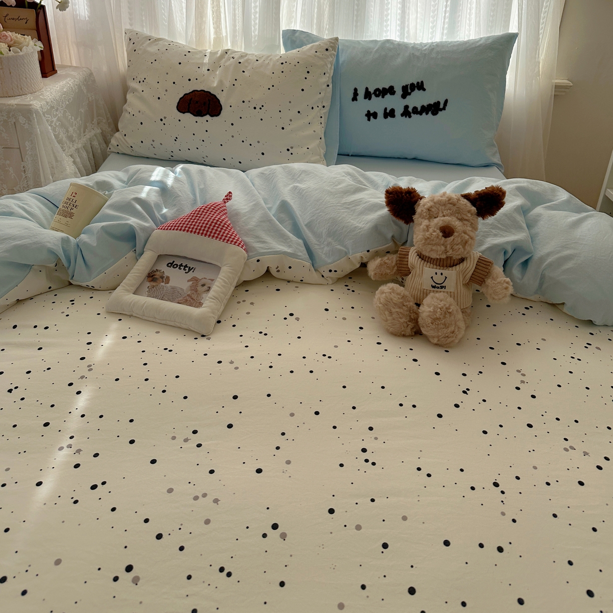 91家纺网 家纺一手货源 找家纺 顾里家纺 2025新款ins可爱毛巾绣云朵棉套件四件套 点点狗