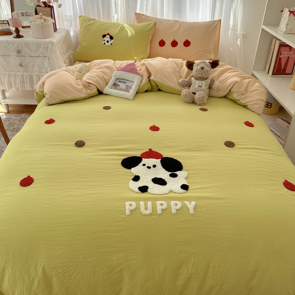 91家纺网 家纺一手货源 找家纺 顾里家纺 2025新款ins可爱毛巾绣云朵棉套件四件套 塔塔狗