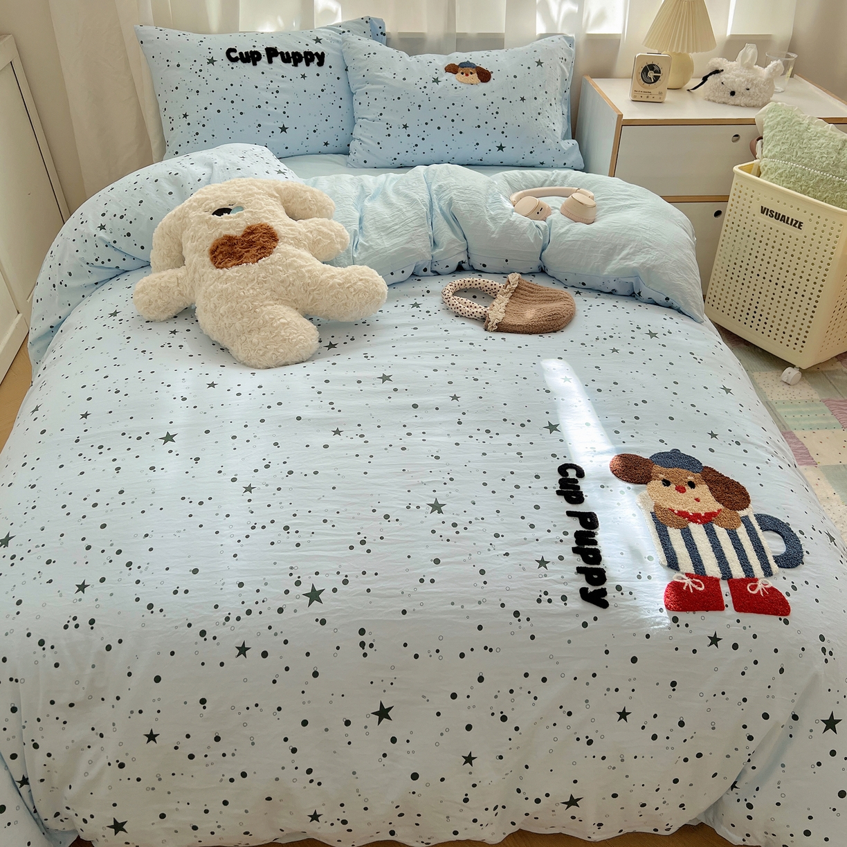 91家纺网 家纺一手货源 找家纺 顾里家纺 2025新款ins可爱毛巾绣云朵棉套件四件套 杯子小狗