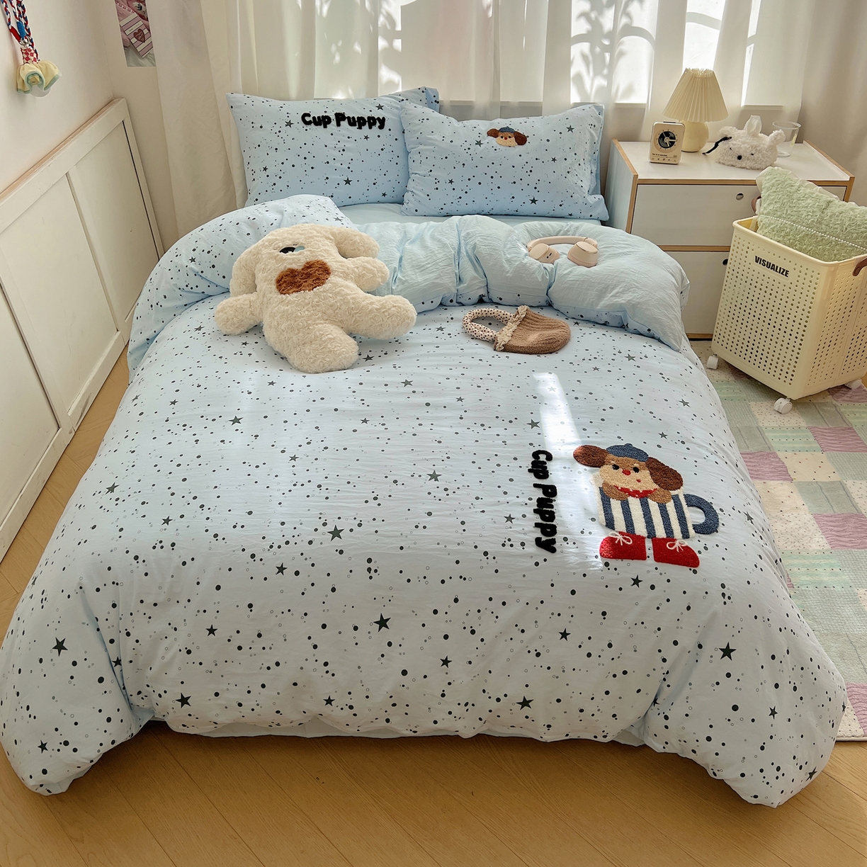 91家纺网 家纺一手货源 找家纺 顾里家纺 2025新款ins可爱毛巾绣云朵棉套件四件套 杯子小狗