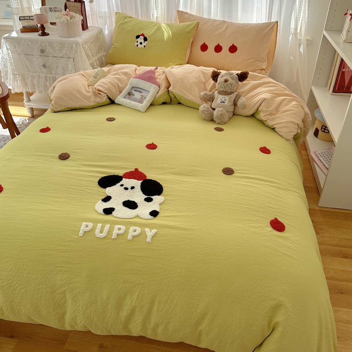 91家纺网 家纺一手货源 找家纺 顾里家纺 2025新款ins可爱毛巾绣云朵棉套件四件套 塔塔狗