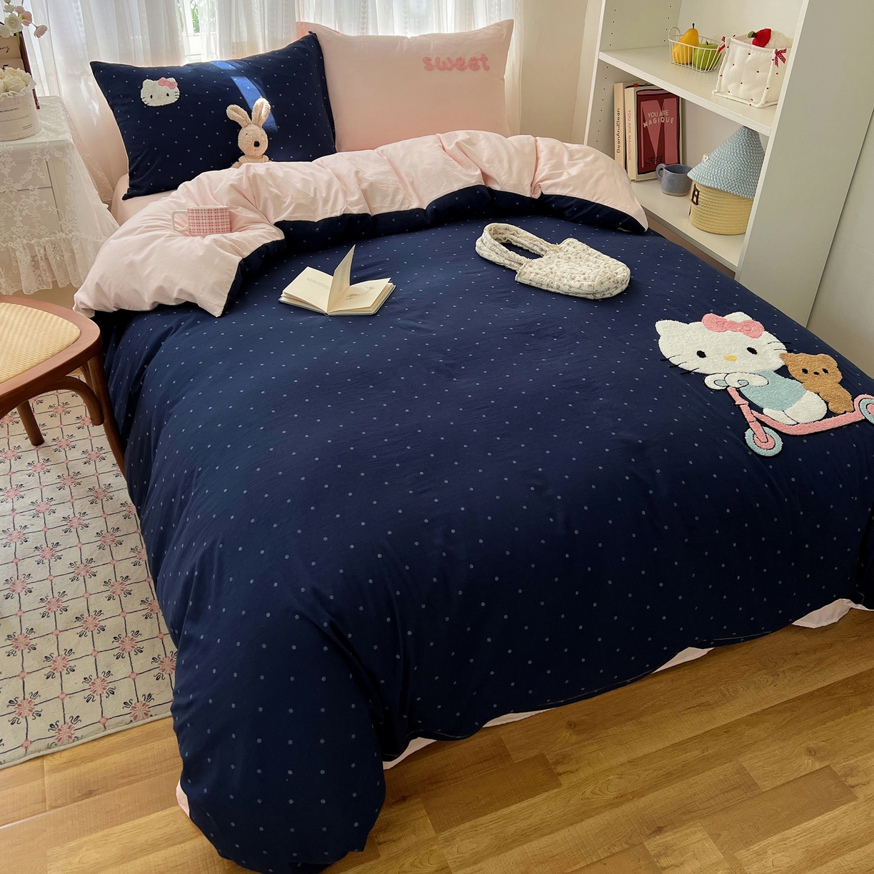 91家纺网 家纺一手货源 找家纺 顾里家纺 2025新款ins可爱毛巾绣云朵棉套件四件套 滑板小猫