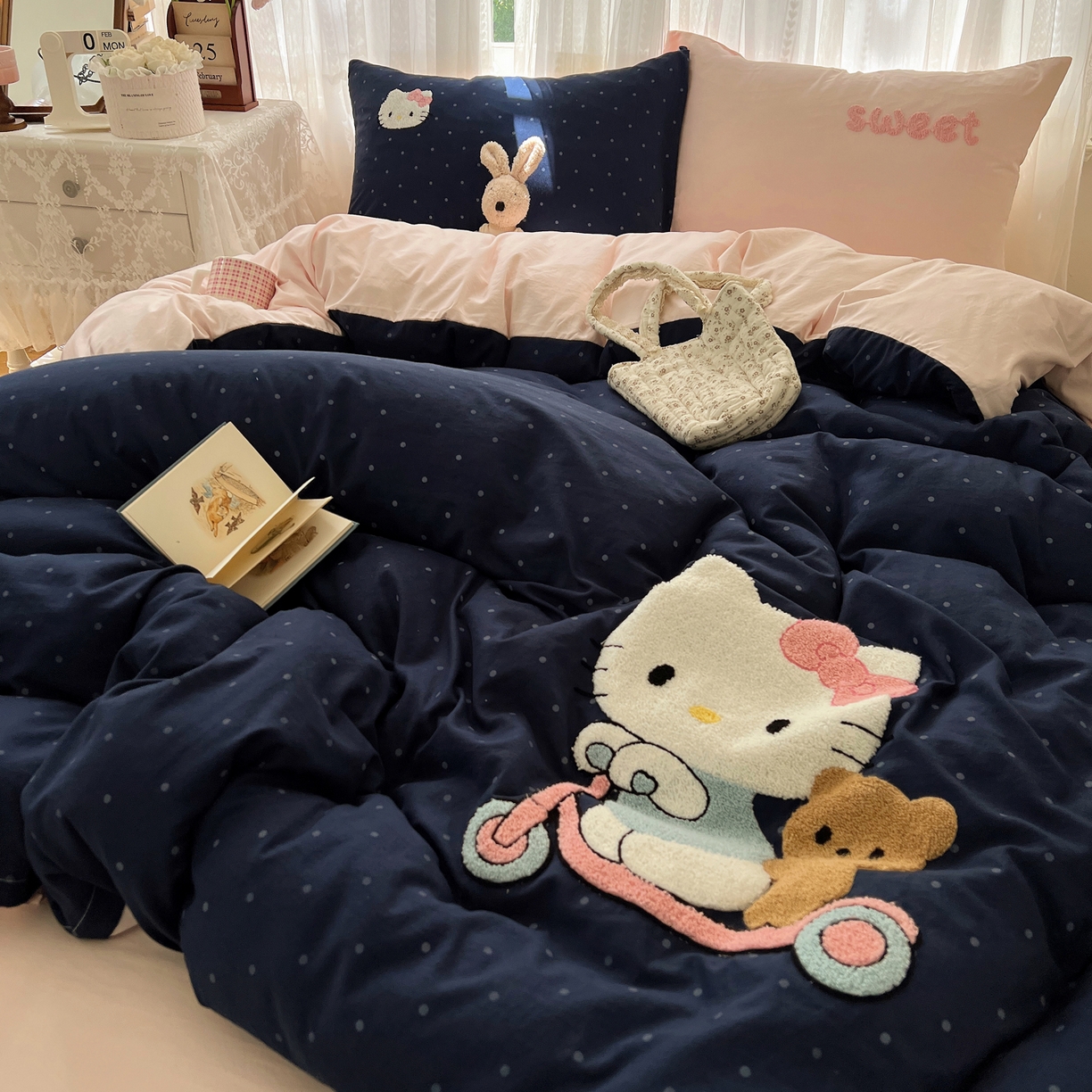 91家纺网 家纺一手货源 找家纺 顾里家纺 2025新款ins可爱毛巾绣云朵棉套件四件套 滑板小猫