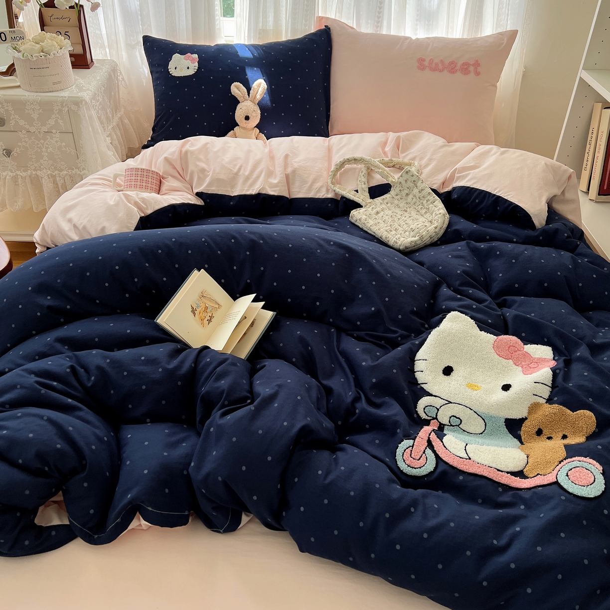 91家纺网 家纺一手货源 找家纺 顾里家纺 2025新款ins可爱毛巾绣云朵棉套件四件套 滑板小猫