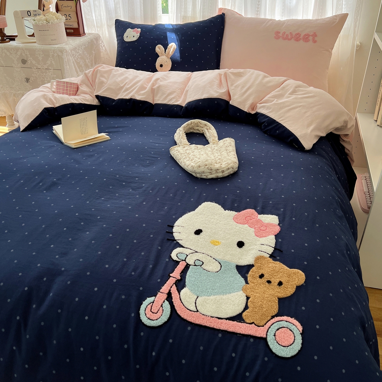 91家纺网 家纺一手货源 找家纺 顾里家纺 2025新款ins可爱毛巾绣云朵棉套件四件套 滑板小猫