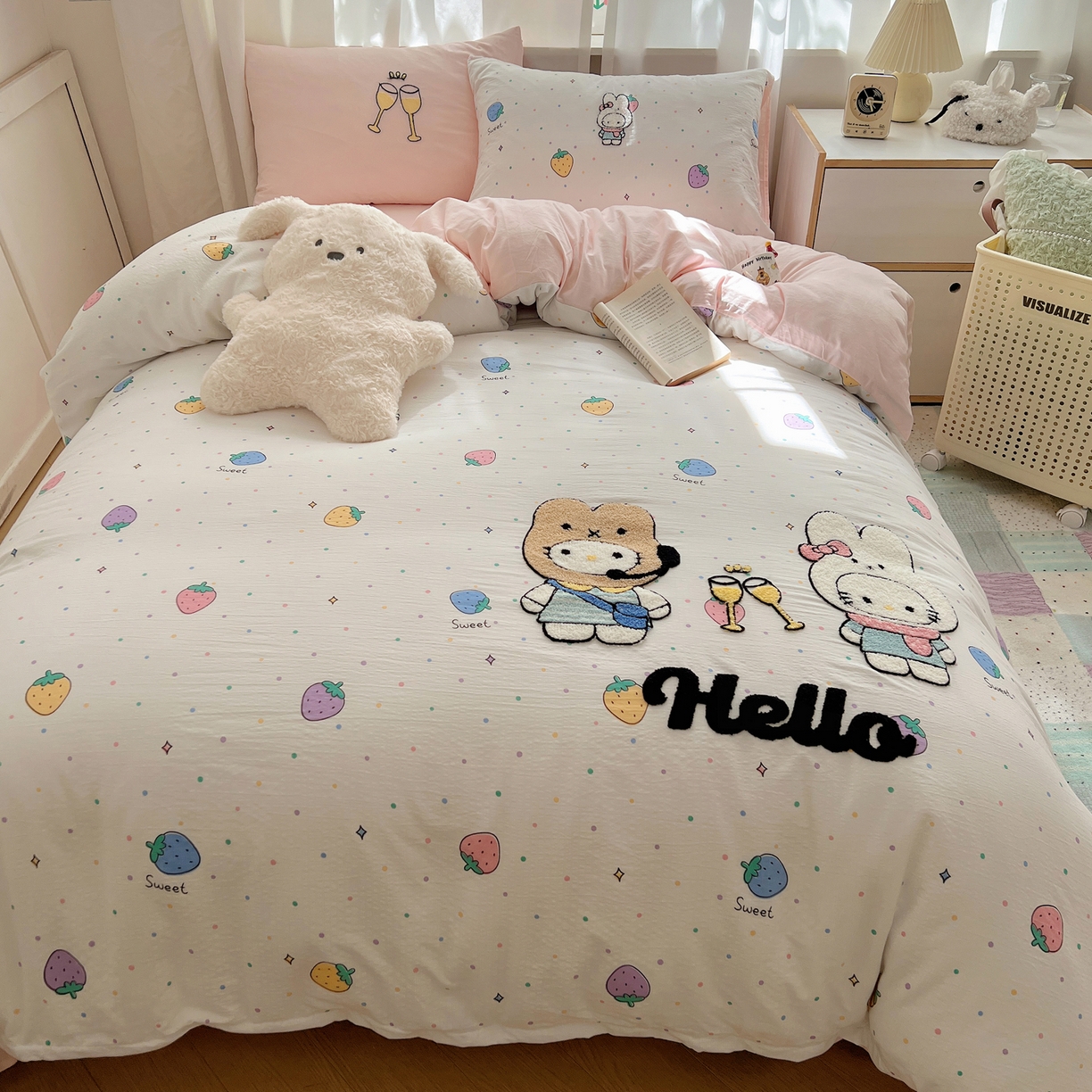 91家纺网 家纺一手货源 找家纺 顾里家纺 2025新款ins可爱毛巾绣云朵棉套件四件套 情侣兔