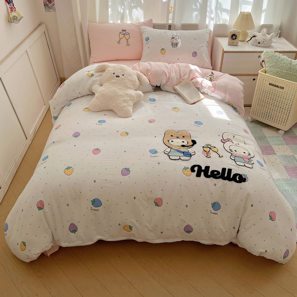 91家纺网 家纺一手货源 找家纺 顾里家纺 2025新款ins可爱毛巾绣云朵棉套件四件套 情侣兔