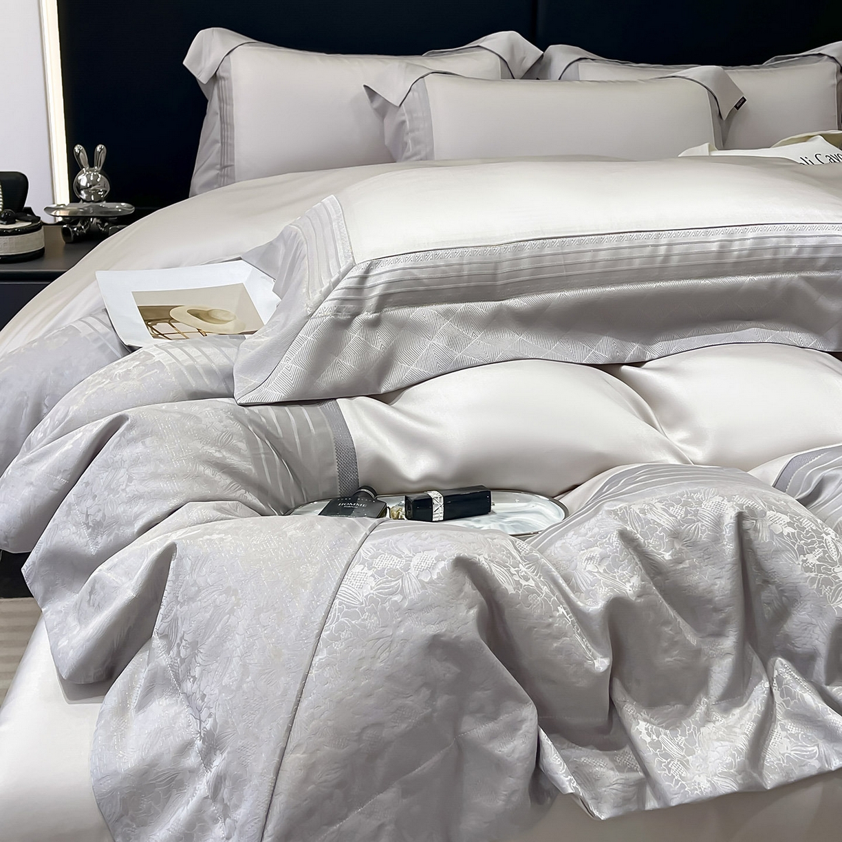 91家纺网 家纺一手货源 找家纺 （总）2025新款秋冬A类贡缎提花长绒棉四件套全棉纯棉轻奢风重工拼接被套纯色床单床笠