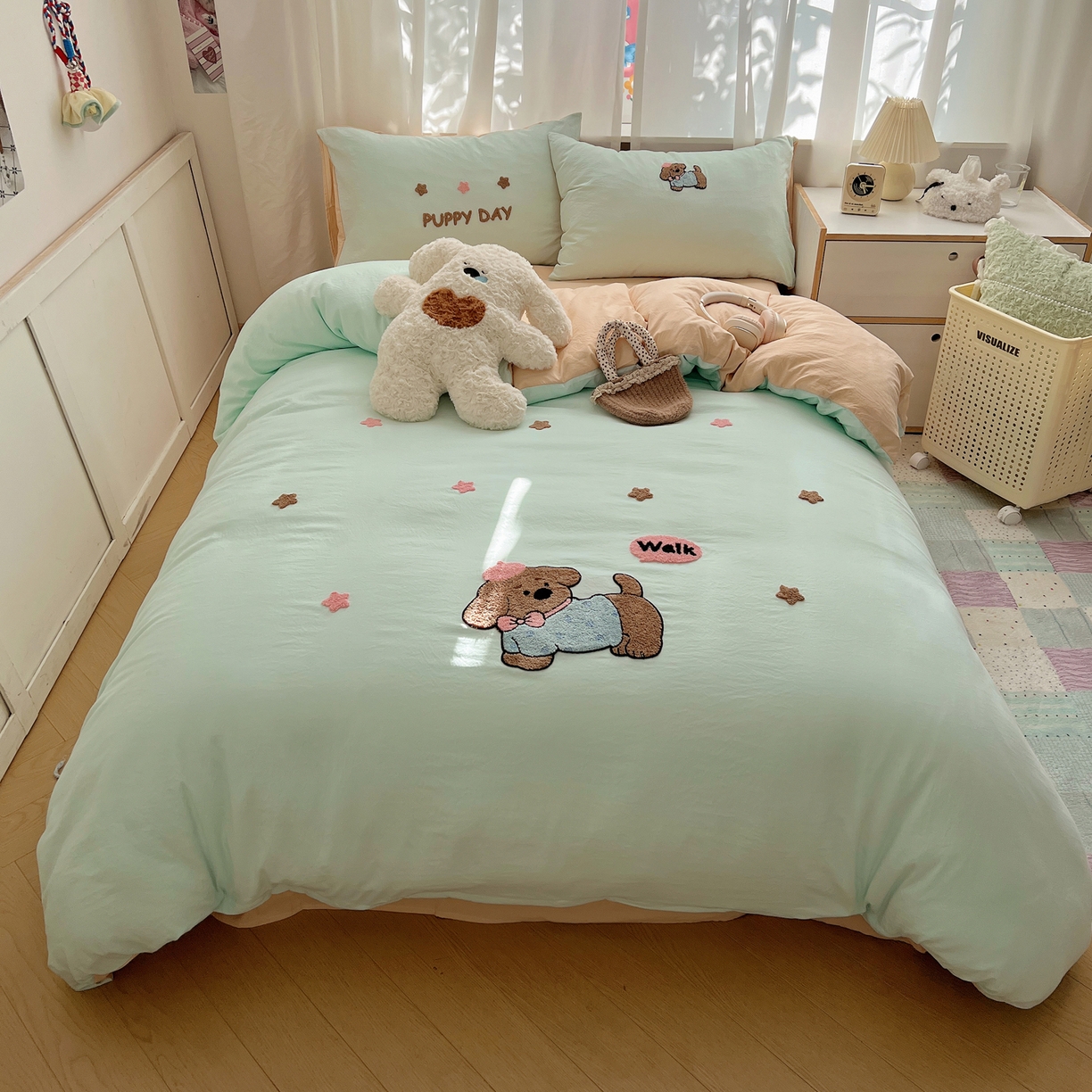 91家纺网 家纺一手货源 找家纺 顾里家纺 2025新款ins可爱毛巾绣云朵棉套件四件套 星星小狗