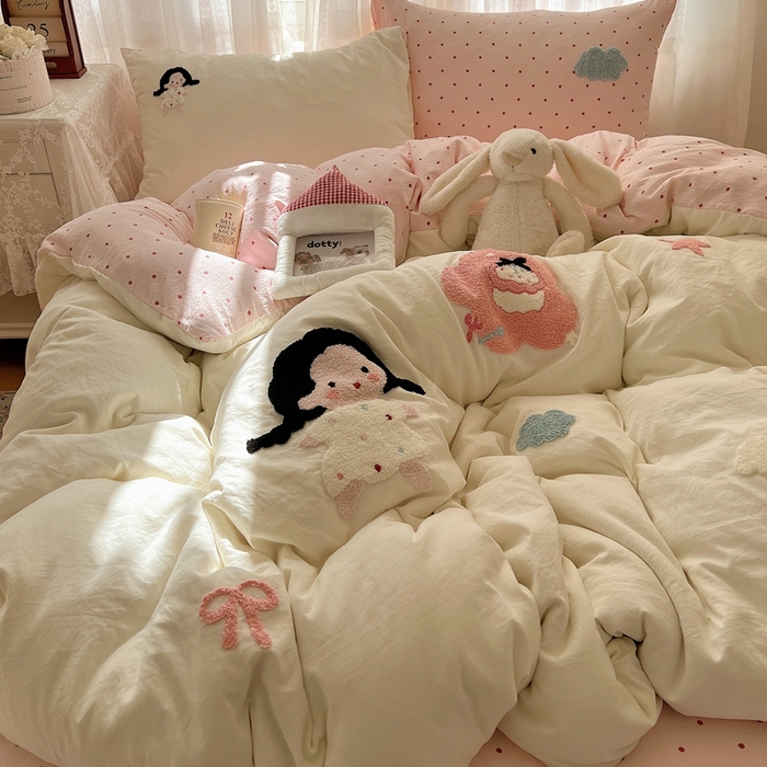 顾里家纺 2025新款ins可爱毛巾绣云朵棉套件四件套 泡芙女孩