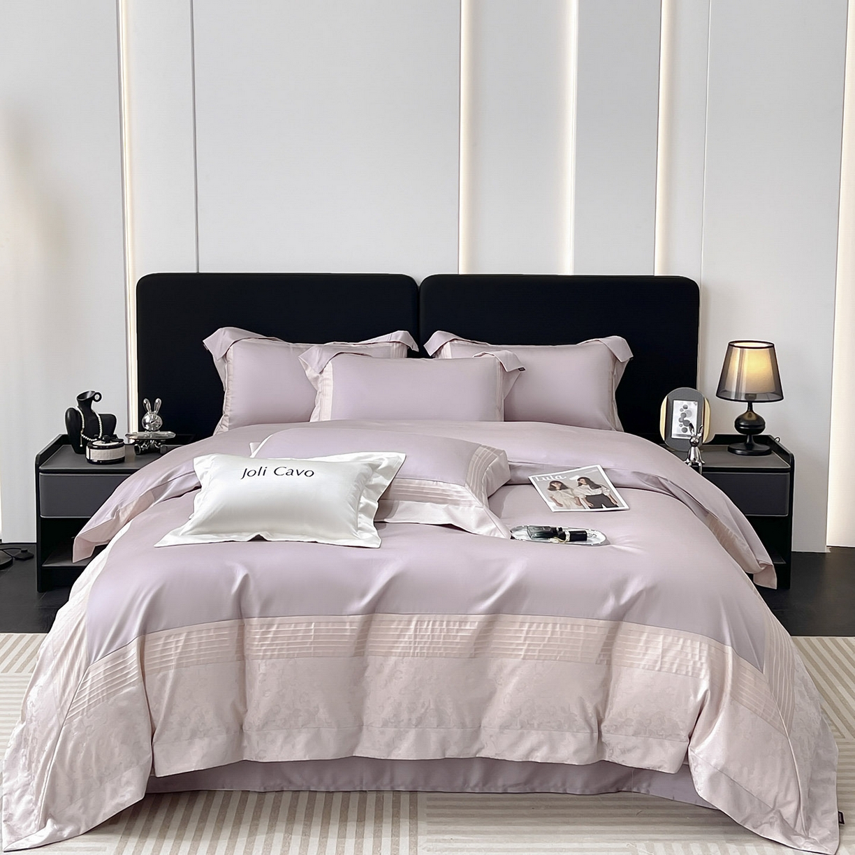 91家纺网 家纺一手货源 找家纺 2025新款秋冬A类贡缎提花长绒棉四件套全棉纯棉轻奢风重工拼接被套纯色床单床笠 莫黛-花容紫