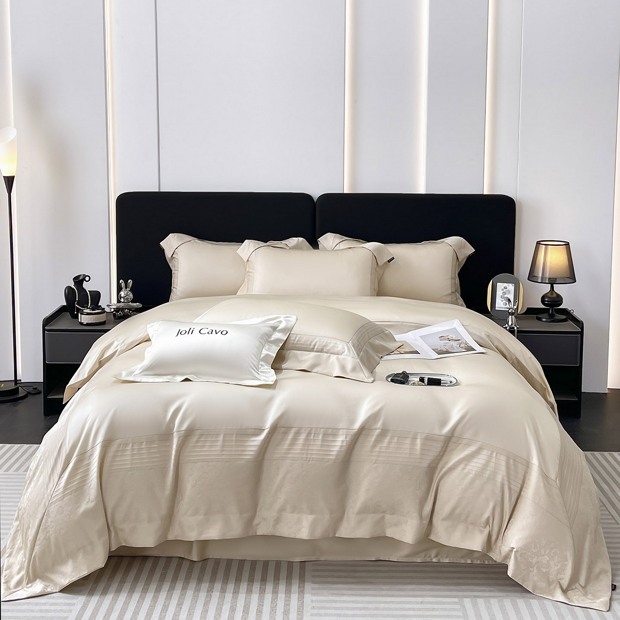 91家纺网 家纺一手货源 找家纺 2025新款秋冬A类贡缎提花长绒棉四件套全棉纯棉轻奢风重工拼接被套纯色床单床笠 莫黛-疏影金