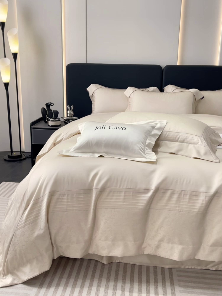 91家纺网 家纺一手货源 找家纺 2025新款秋冬A类贡缎提花长绒棉四件套全棉纯棉轻奢风重工拼接被套纯色床单床笠 莫黛-疏影金