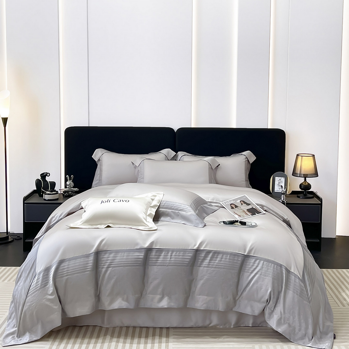 91家纺网 家纺一手货源 找家纺 2025新款秋冬A类贡缎提花长绒棉四件套全棉纯棉轻奢风重工拼接被套纯色床单床笠 莫黛-月桂灰