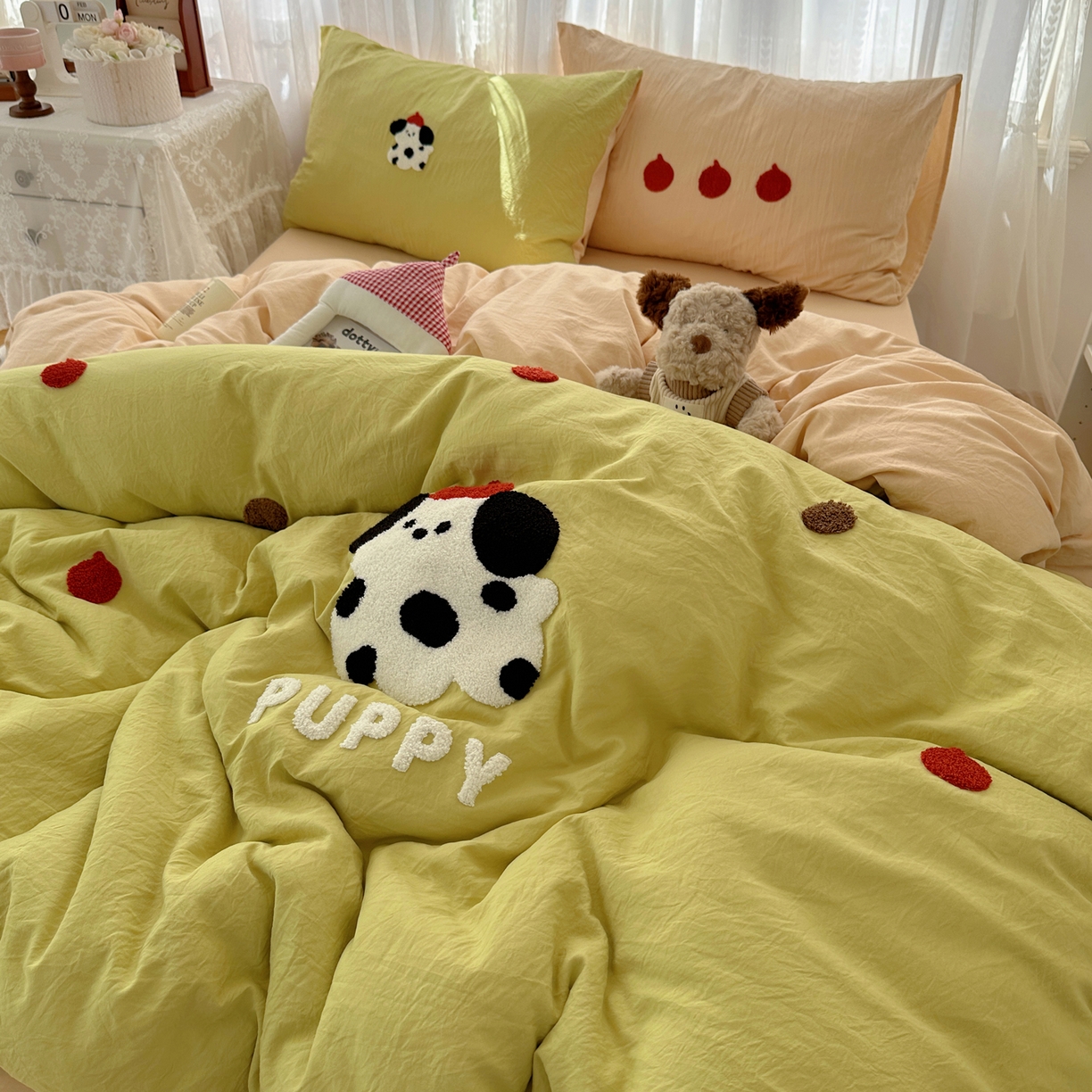 91家纺网 家纺一手货源 找家纺 顾里家纺 2025新款ins可爱毛巾绣云朵棉套件四件套 塔塔狗