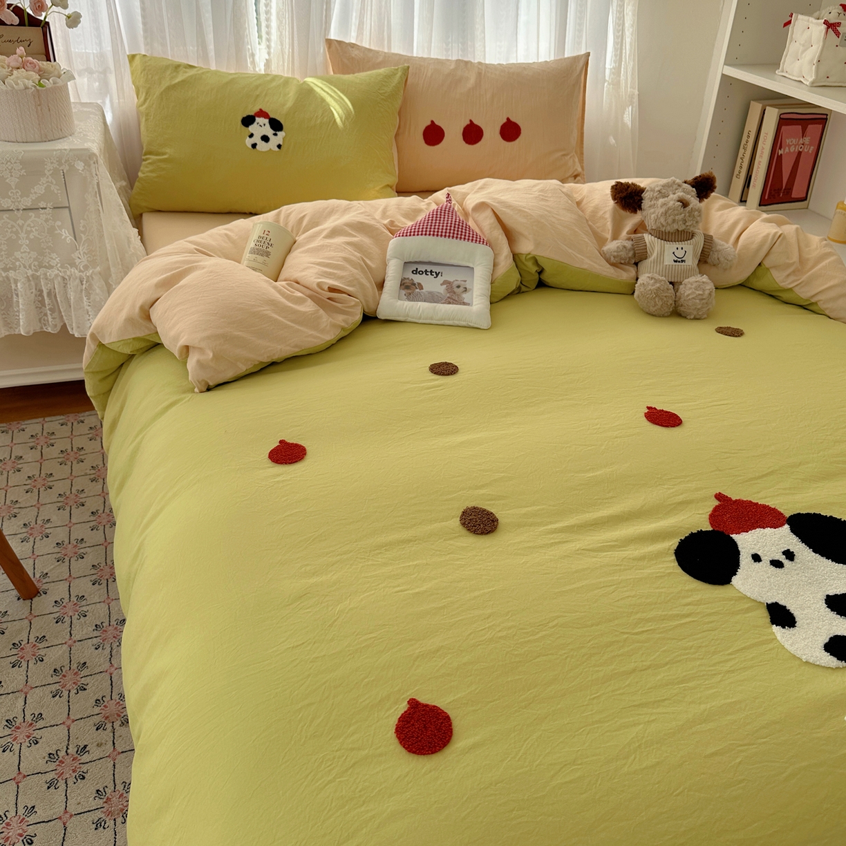 91家纺网 家纺一手货源 找家纺 顾里家纺 2025新款ins可爱毛巾绣云朵棉套件四件套 塔塔狗