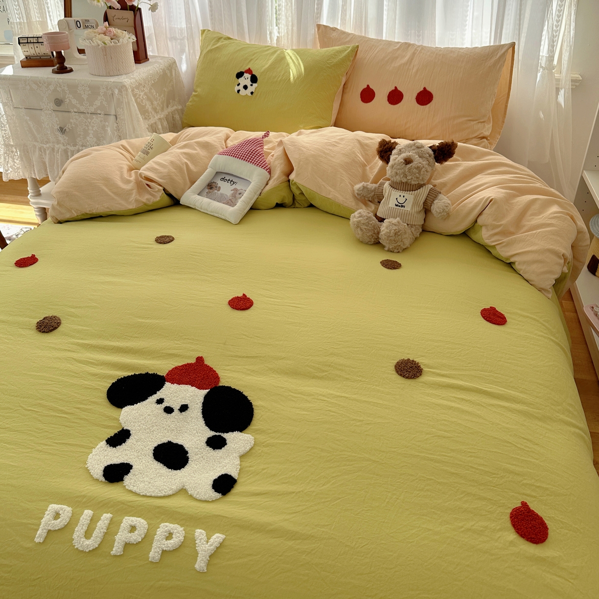 91家纺网 家纺一手货源 找家纺 顾里家纺 2025新款ins可爱毛巾绣云朵棉套件四件套 塔塔狗