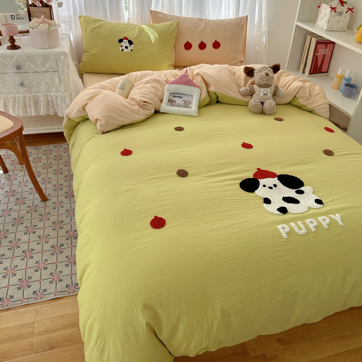 91家纺网 家纺一手货源 找家纺 顾里家纺 2025新款ins可爱毛巾绣云朵棉套件四件套 塔塔狗