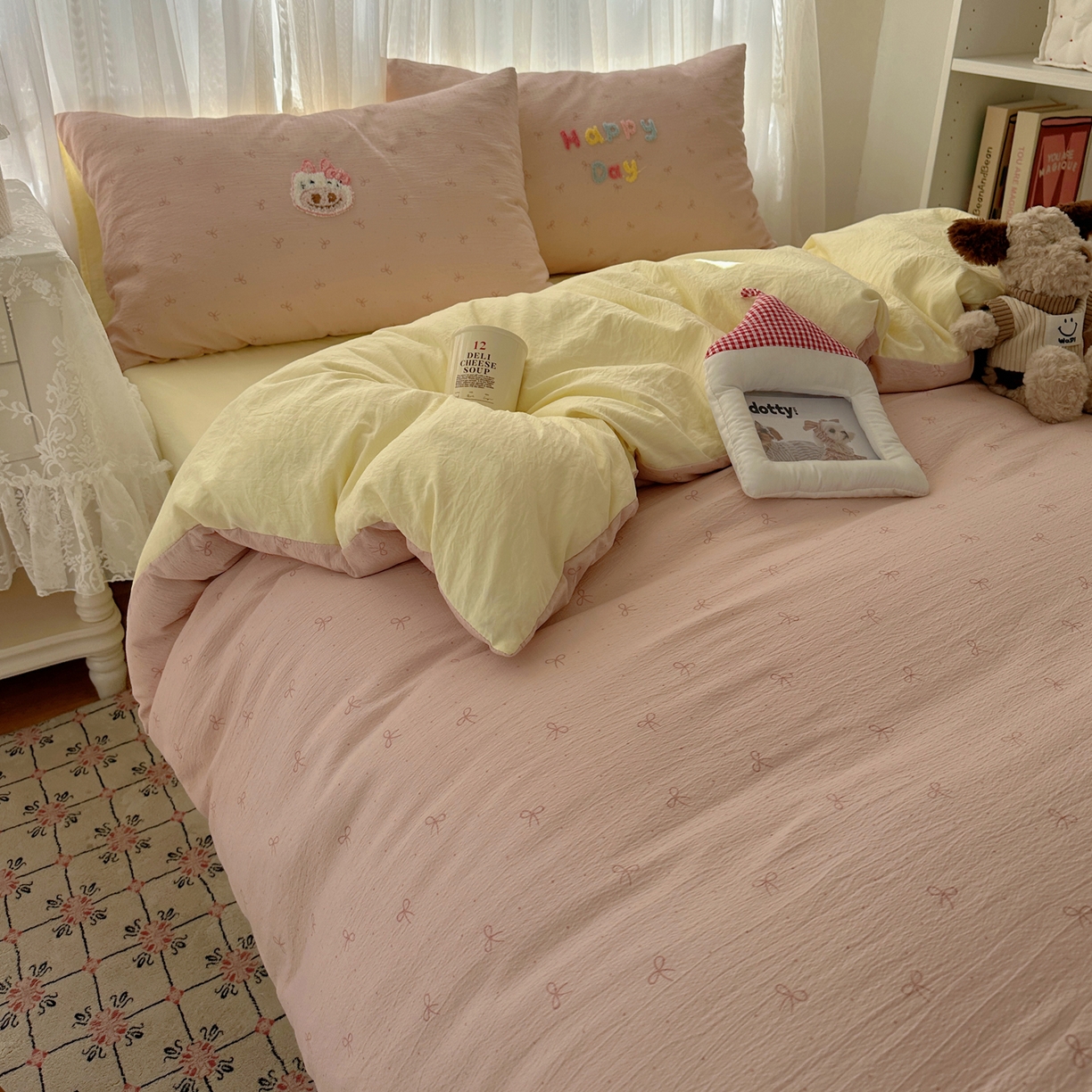 91家纺网 家纺一手货源 找家纺 顾里家纺 2025新款ins可爱毛巾绣云朵棉套件四件套 甜梅梅