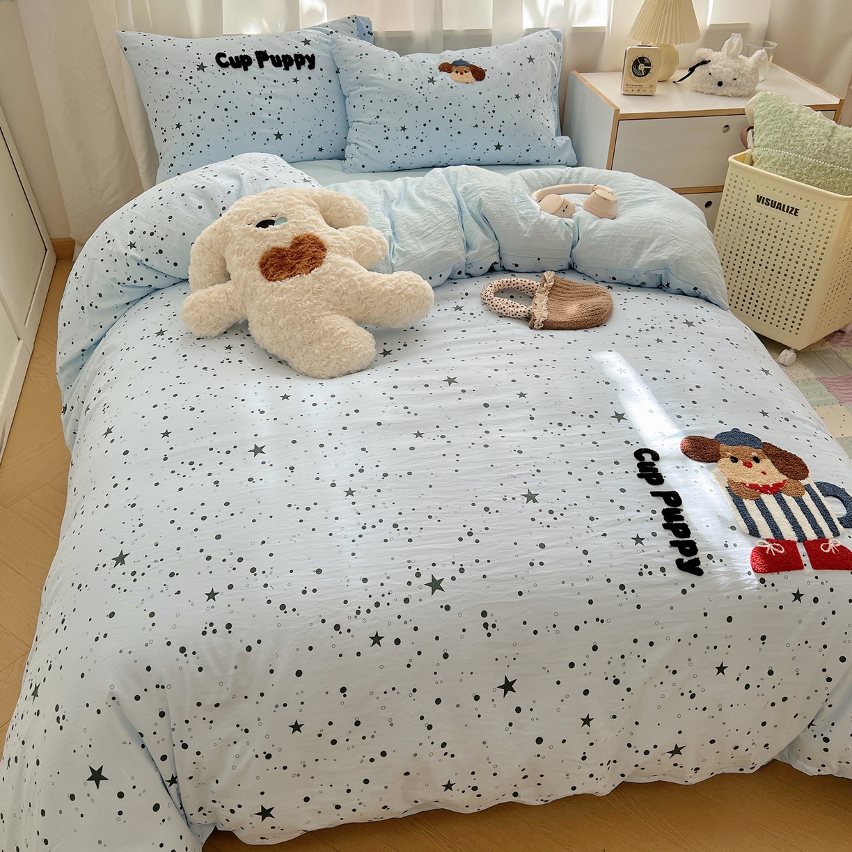 91家纺网 家纺一手货源 找家纺 顾里家纺 2025新款ins可爱毛巾绣云朵棉套件四件套 杯子小狗