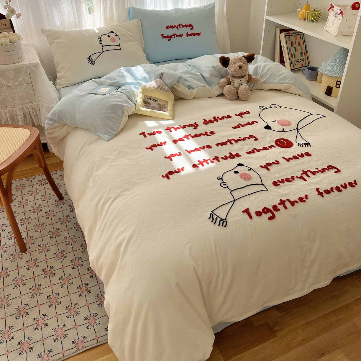 91家纺网 家纺一手货源 找家纺 顾里家纺 2025新款ins可爱毛巾绣云朵棉套件四件套 情书