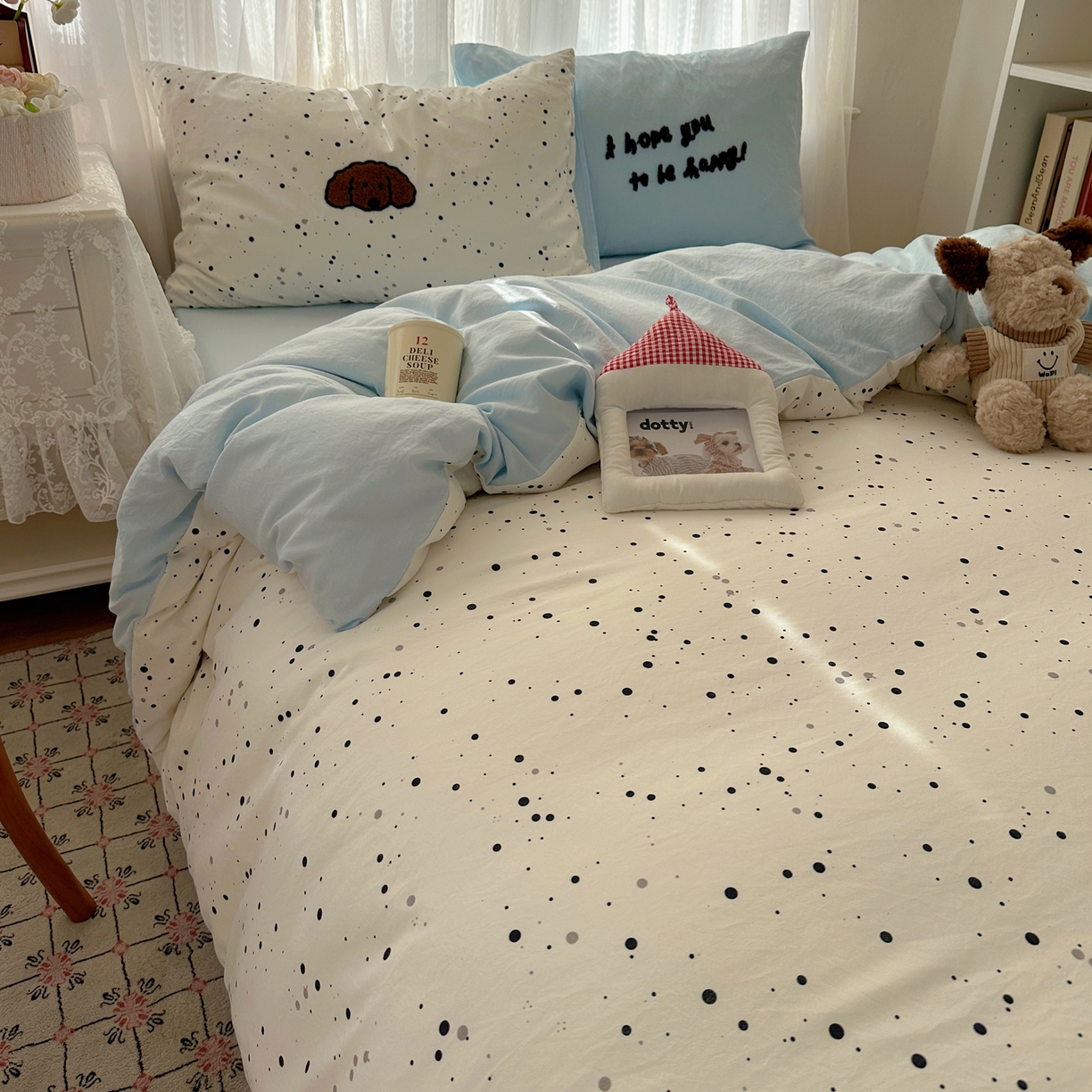 91家纺网 家纺一手货源 找家纺 顾里家纺 2025新款ins可爱毛巾绣云朵棉套件四件套 点点狗