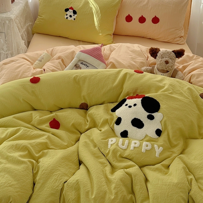 91家纺网 家纺一手货源 找家纺 顾里家纺 2025新款ins可爱毛巾绣云朵棉套件四件套 塔塔狗