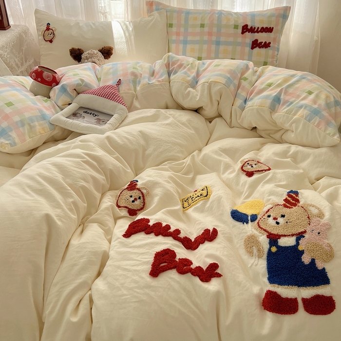 91家纺网 家纺一手货源 找家纺 顾里家纺 2025新款ins可爱毛巾绣云朵棉套件四件套 气球小熊