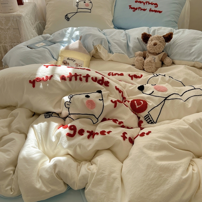 91家纺网 家纺一手货源 找家纺 （总）顾里家纺 2025新款ins可爱毛巾绣云朵棉套件四件套