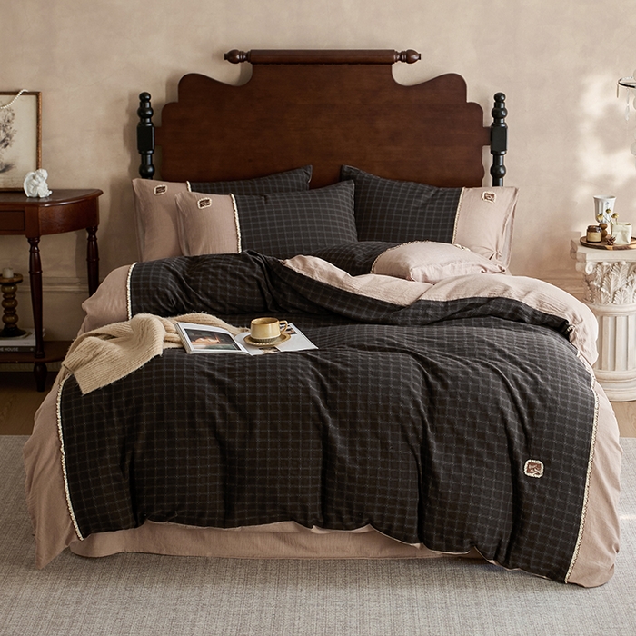 91家纺网 家纺一手货源 找家纺 （总）安莱生活 2025新款全棉纯棉色织磨毛提花格四件套