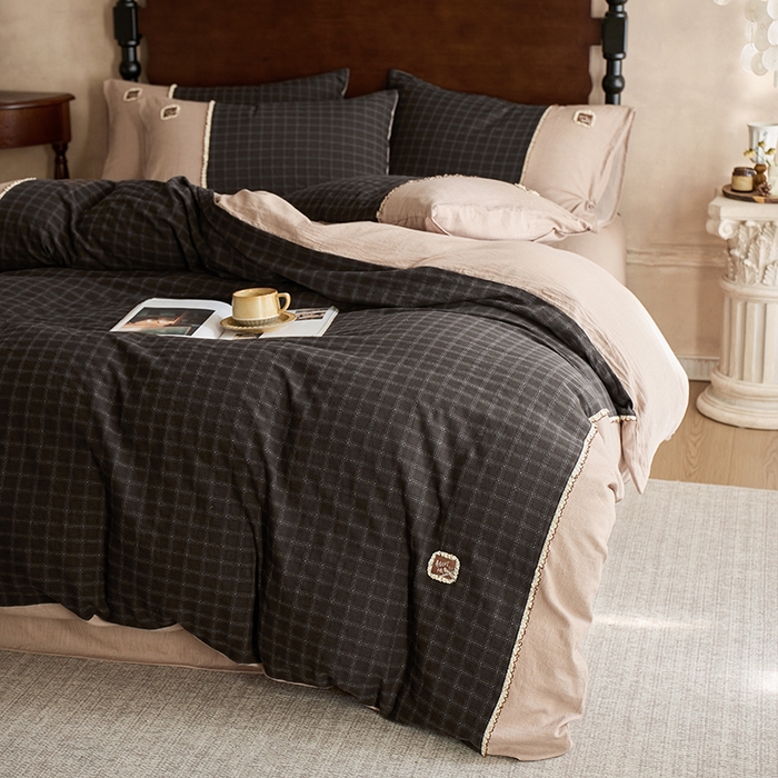 91家纺网 家纺一手货源 找家纺 （总）安莱生活 2025新款全棉纯棉色织磨毛提花格四件套