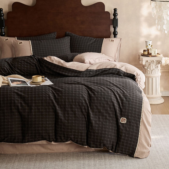 91家纺网 家纺一手货源 找家纺 （总）安莱生活 2025新款全棉纯棉色织磨毛提花格四件套