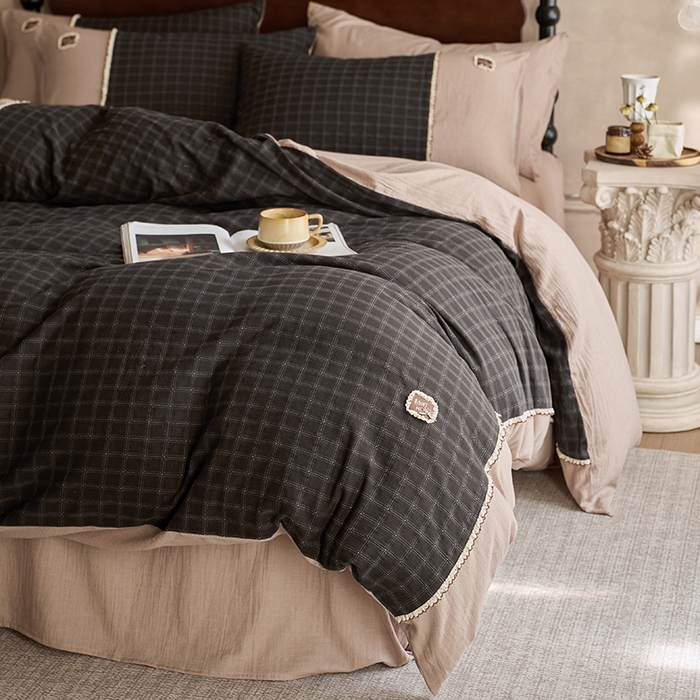 91家纺网 家纺一手货源 找家纺 （总）安莱生活 2025新款全棉纯棉色织磨毛提花格四件套