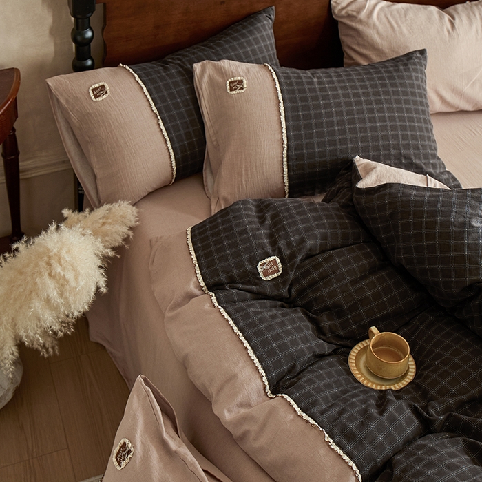 91家纺网 家纺一手货源 找家纺 （总）安莱生活 2025新款全棉纯棉色织磨毛提花格四件套