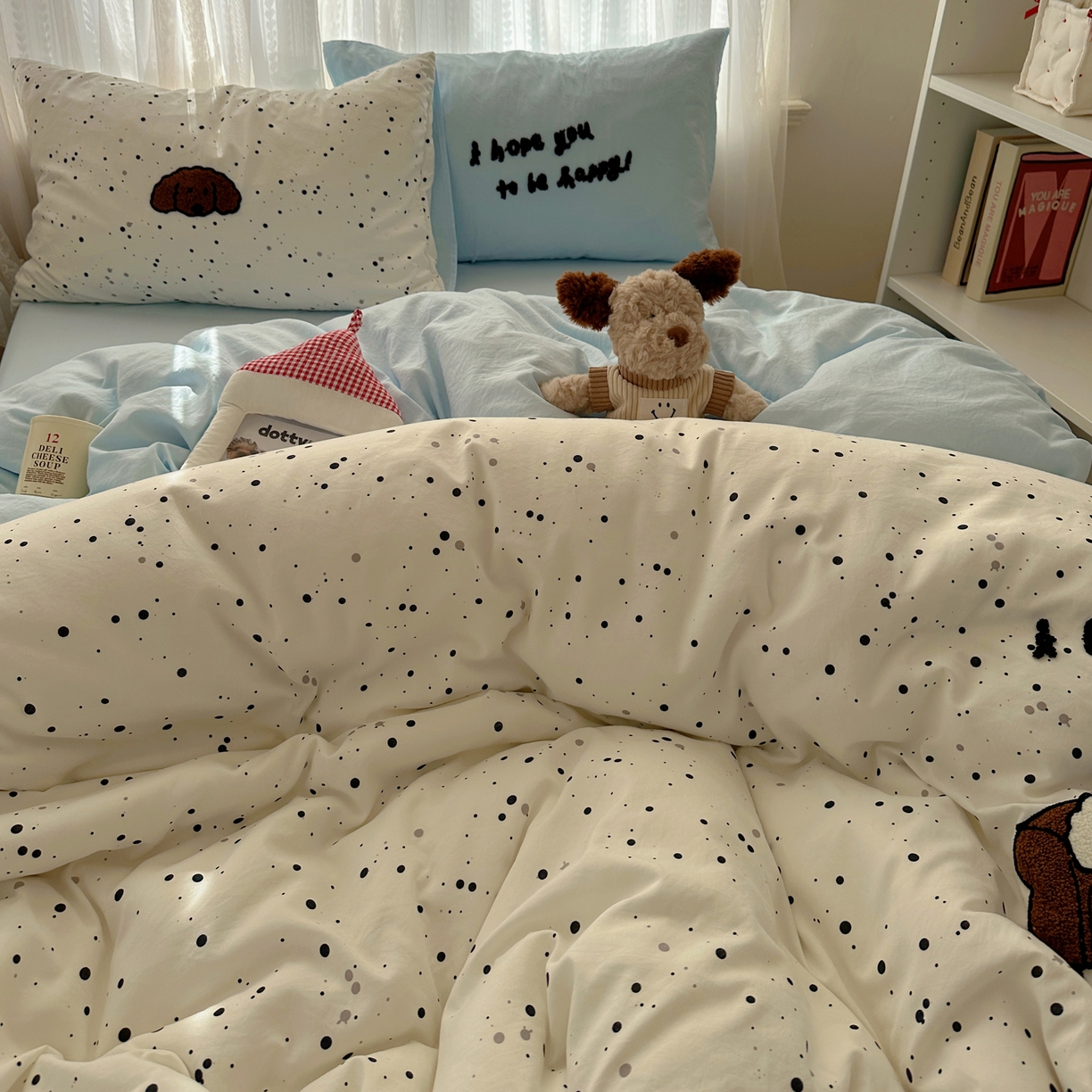 91家纺网 家纺一手货源 找家纺 顾里家纺 2025新款ins可爱毛巾绣云朵棉套件四件套 点点狗