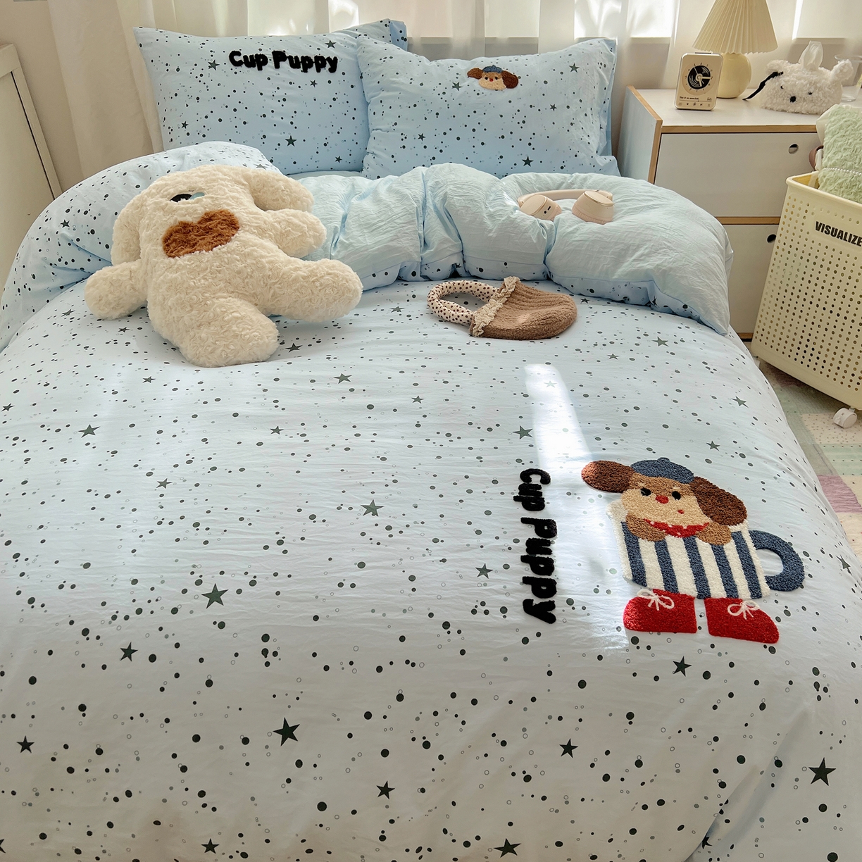 91家纺网 家纺一手货源 找家纺 顾里家纺 2025新款ins可爱毛巾绣云朵棉套件四件套 杯子小狗