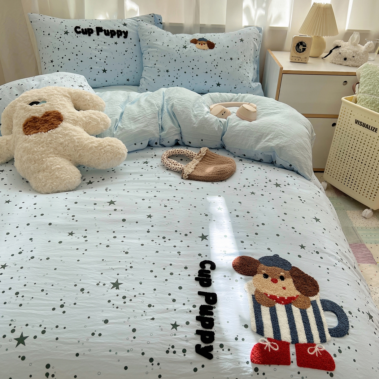 91家纺网 家纺一手货源 找家纺 顾里家纺 2025新款ins可爱毛巾绣云朵棉套件四件套 杯子小狗