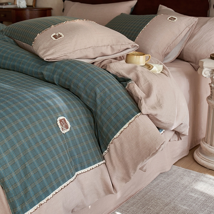 安莱生活 2025新款全棉纯棉色织磨毛提花格四件套 水云间