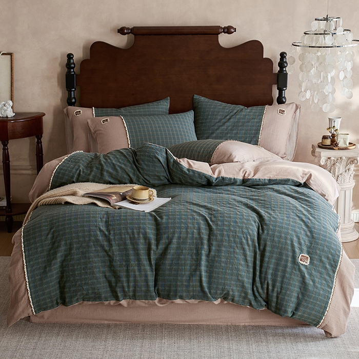 91家纺网 家纺一手货源 找家纺 安莱生活 2025新款全棉纯棉色织磨毛提花格四件套 水云间