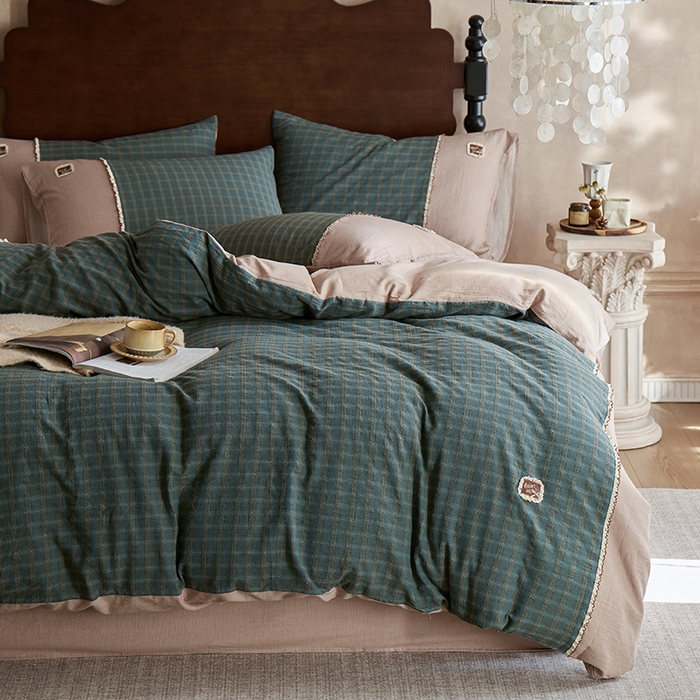 91家纺网 家纺一手货源 找家纺 安莱生活 2025新款全棉纯棉色织磨毛提花格四件套 水云间