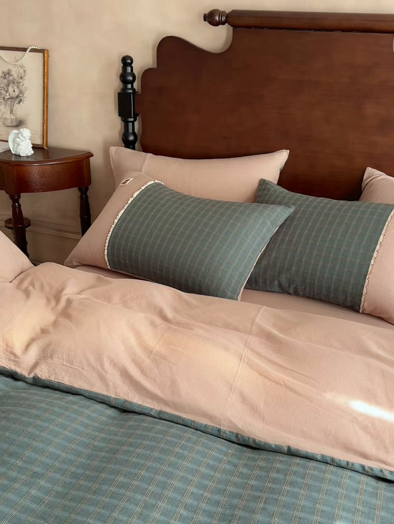 91家纺网 家纺一手货源 找家纺 安莱生活 2025新款全棉纯棉色织磨毛提花格四件套 水云间