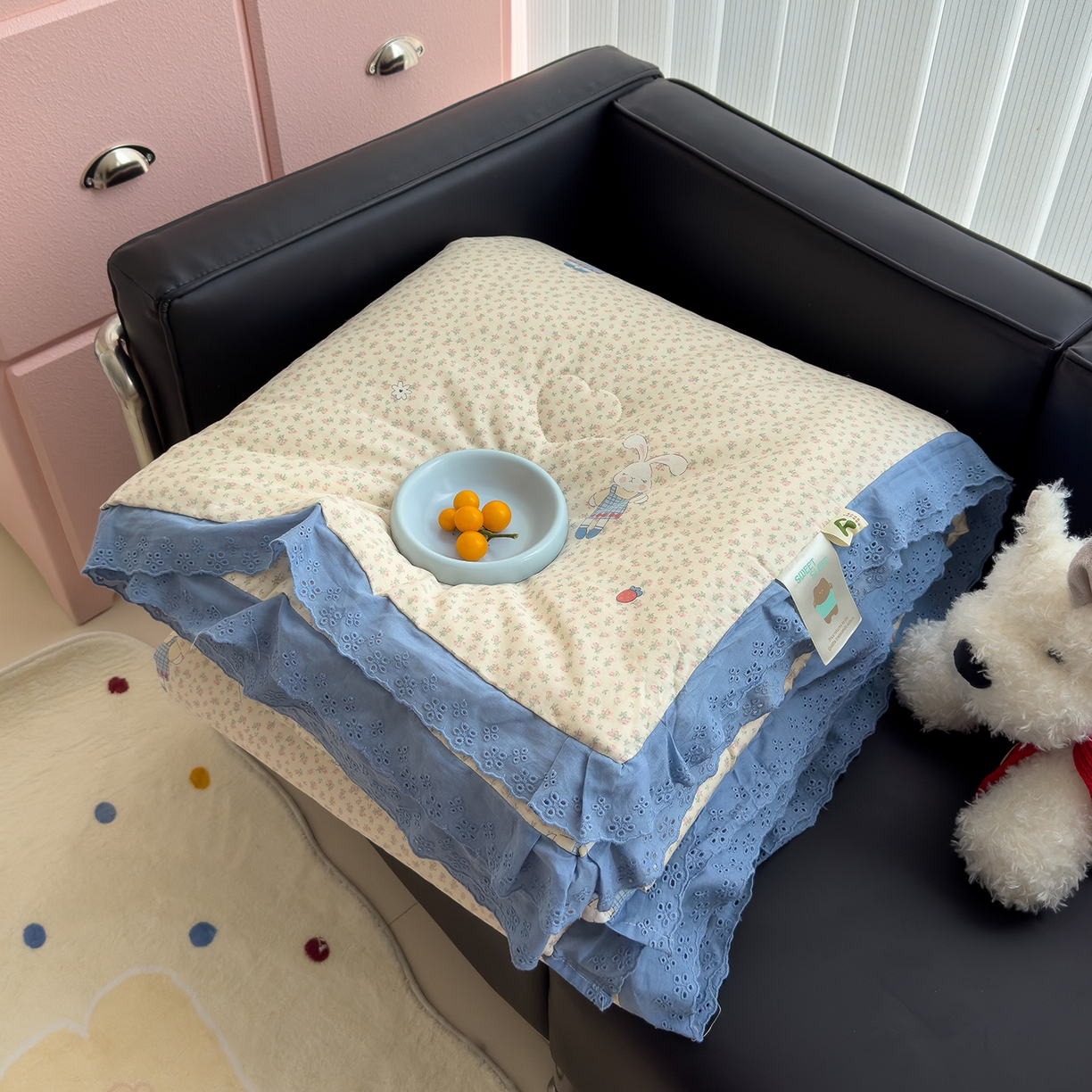 赫梵茜 2025新款手工缝制踩棉纯棉韩系花边慵懒又高级双面纯棉印花春秋被被子被芯 奶呼兔兔