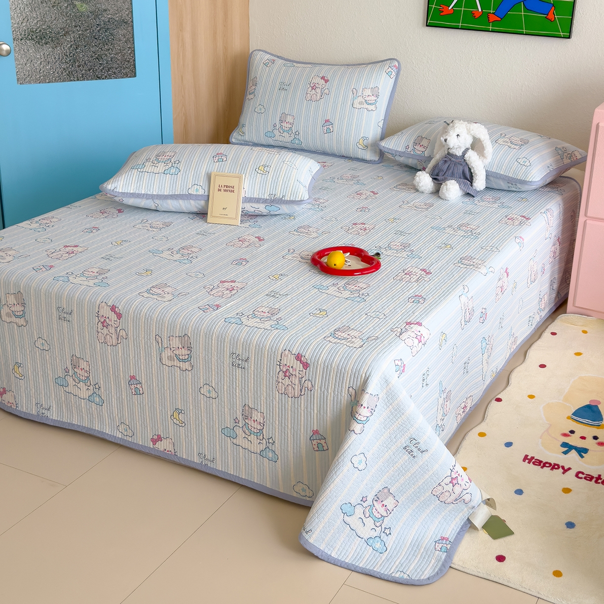 91家纺网 家纺一手货源 找家纺 赫梵茜 2025新款高温砂洗全棉床盖单品床盖床盖单件床盖三件套【填充含可水洗棉花】 小猫咪