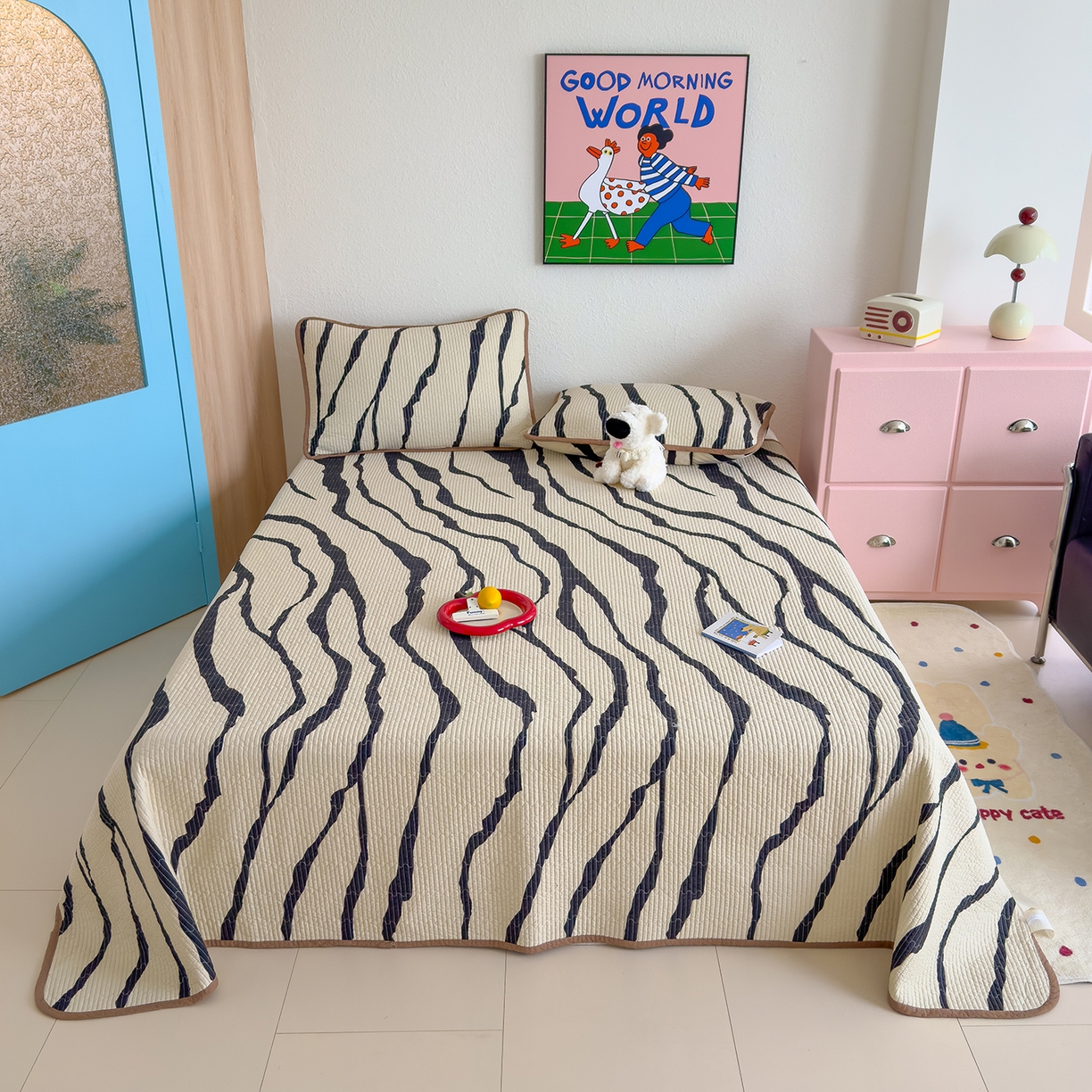 91家纺网 家纺一手货源 找家纺 赫梵茜 2025新款高温砂洗全棉床盖单品床盖床盖单件床盖三件套【填充含可水洗棉花】 斑马纹